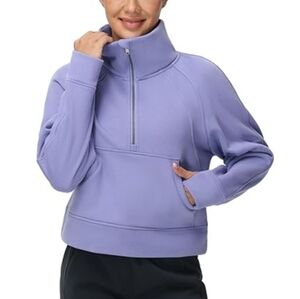 Half Zip Pullover Fleece Stand Collar Crop Sweatshirt with Pockets Purple